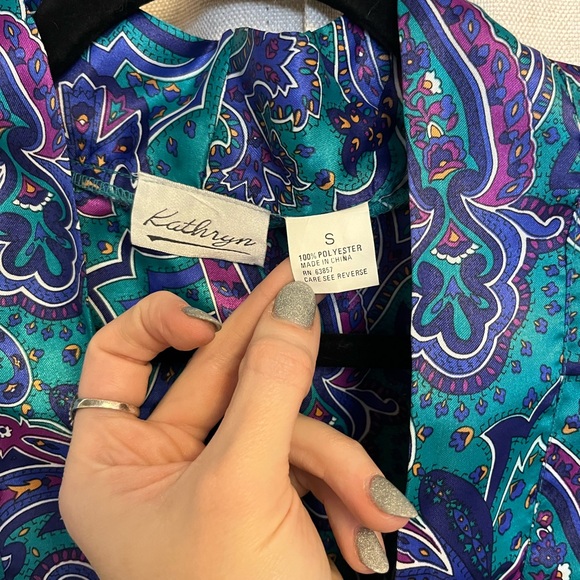 Vintage 90s Teal Purple Floral Paisley Silky Colorful Kimono Robe - Picture 5 of 12